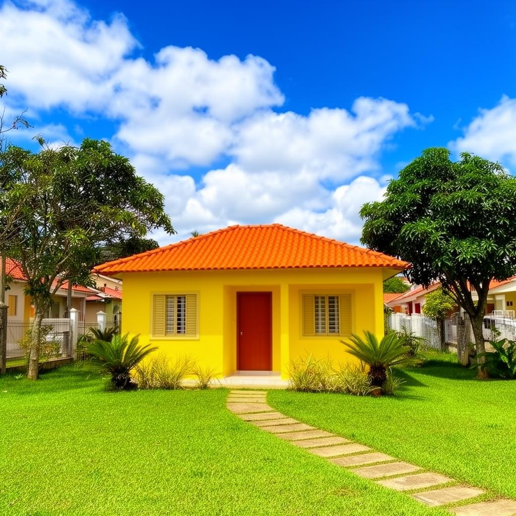 Casa com jardim verde e céu azul